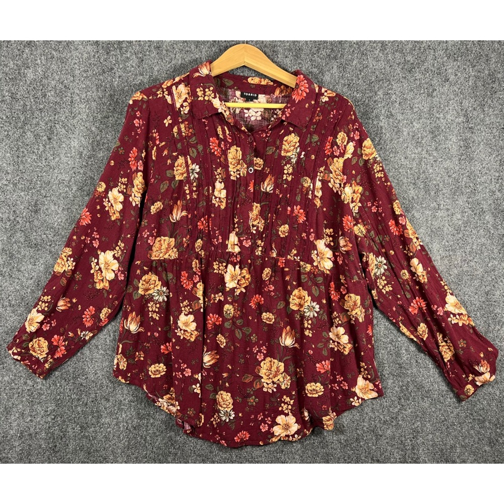 Torrid Womens 2 Burgundy Floral Pintuck Babydoll Long Sleeve Button Front Blouse
